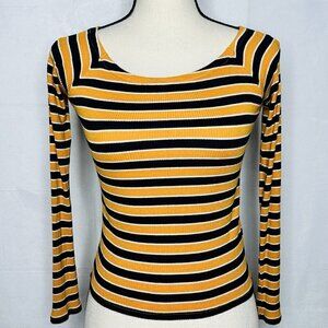Forever 21 Long-Sleeve Ribbed Shirt Womens Size S Gold Navy Striped Rayon Blend